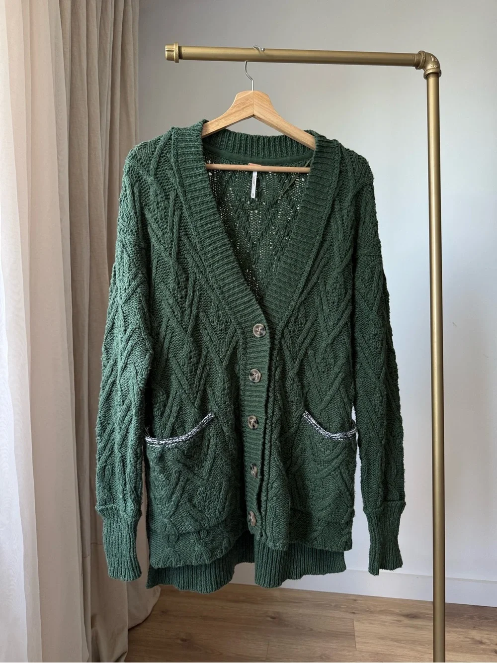 Free People Montana Cable Knit Cardigan Green Oversized XS
